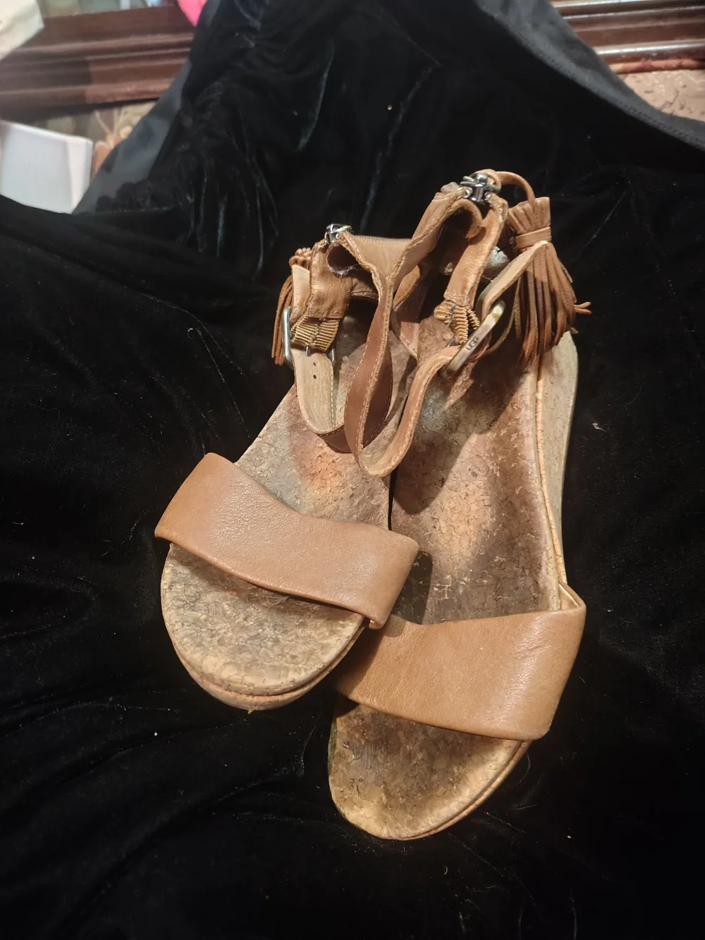 UGG Tan Cork Wedge Sandals with Ankle Tassels
